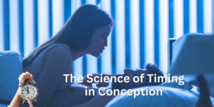 Image of a woman in bed with her husband with a clock visual suggesting it is time for intercourse to increase her chances of getting pregnant.
