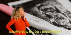 a woman standing next to a pregnancy test wondering why she can't get pregnant